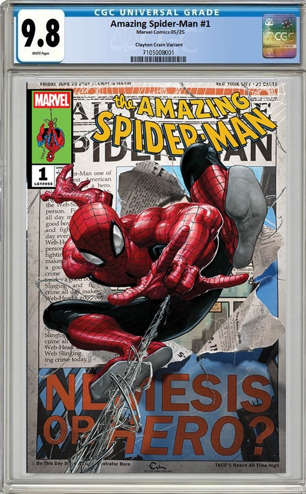 AMAZING SPIDER-MAN #1 CLAYTON CRAIN VARIANT LIMITED TO 888 COPIES WITH COA CGC 9.8 PREORDER