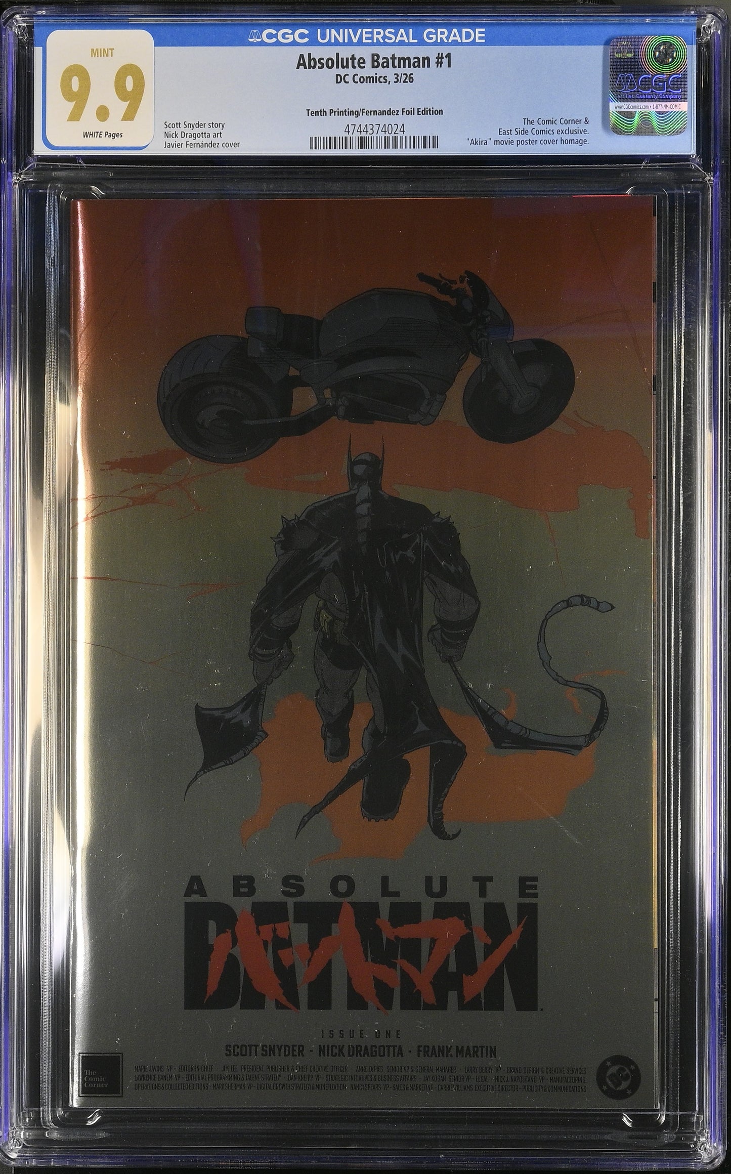 ABSOLUTE BATMAN #1 10TH PTG JAVI FERNANDEZ AKIRA HOMAGE FOIL VARIANT LIMITED TO 2500 COPIES CGC 9.9
