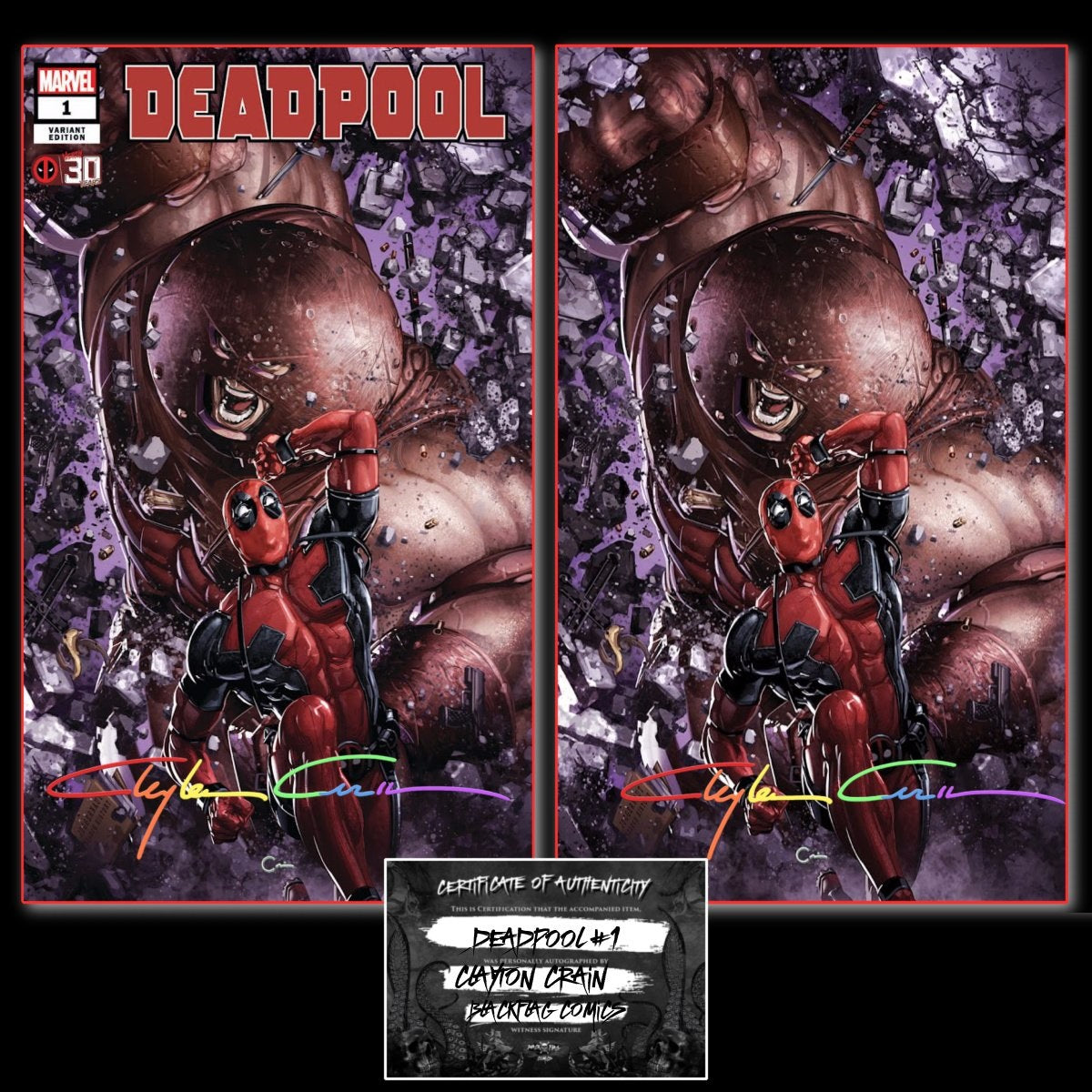 DEADPOOL NERDY 30 #1 CLAYTON CRAIN EXCLUSIVE TRADE/VIRGIN VARIANT SET WITH INFINITY SIGNATURE & COA