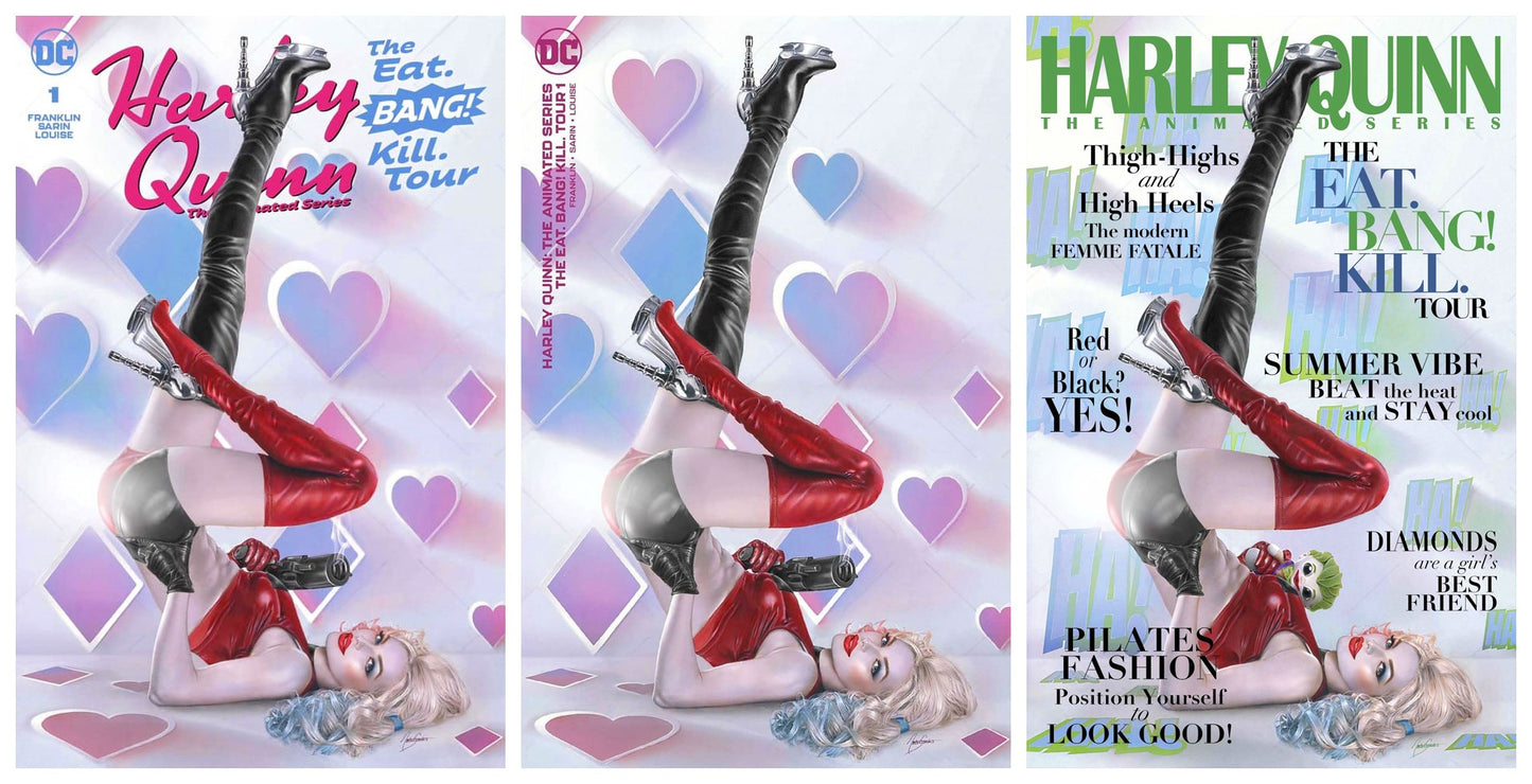 HARLEY QUINN THE EAT BANG KILL TOUR #1 NATALI SANDERS TRADE DRESS/MINIMALVARIANT SET & NYCC VARIANT