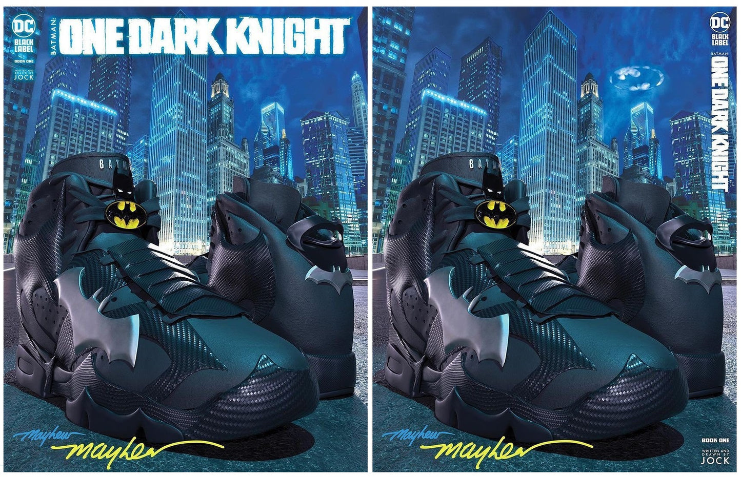 ONE DARK KNIGHT #1 MIKE MAYHEW SNEAKERHEAD TRADE/MINIMAL VARIANT SET LIMITED TO 1500 SETS SIGNED BY MIKE MAYHEW WITH COA