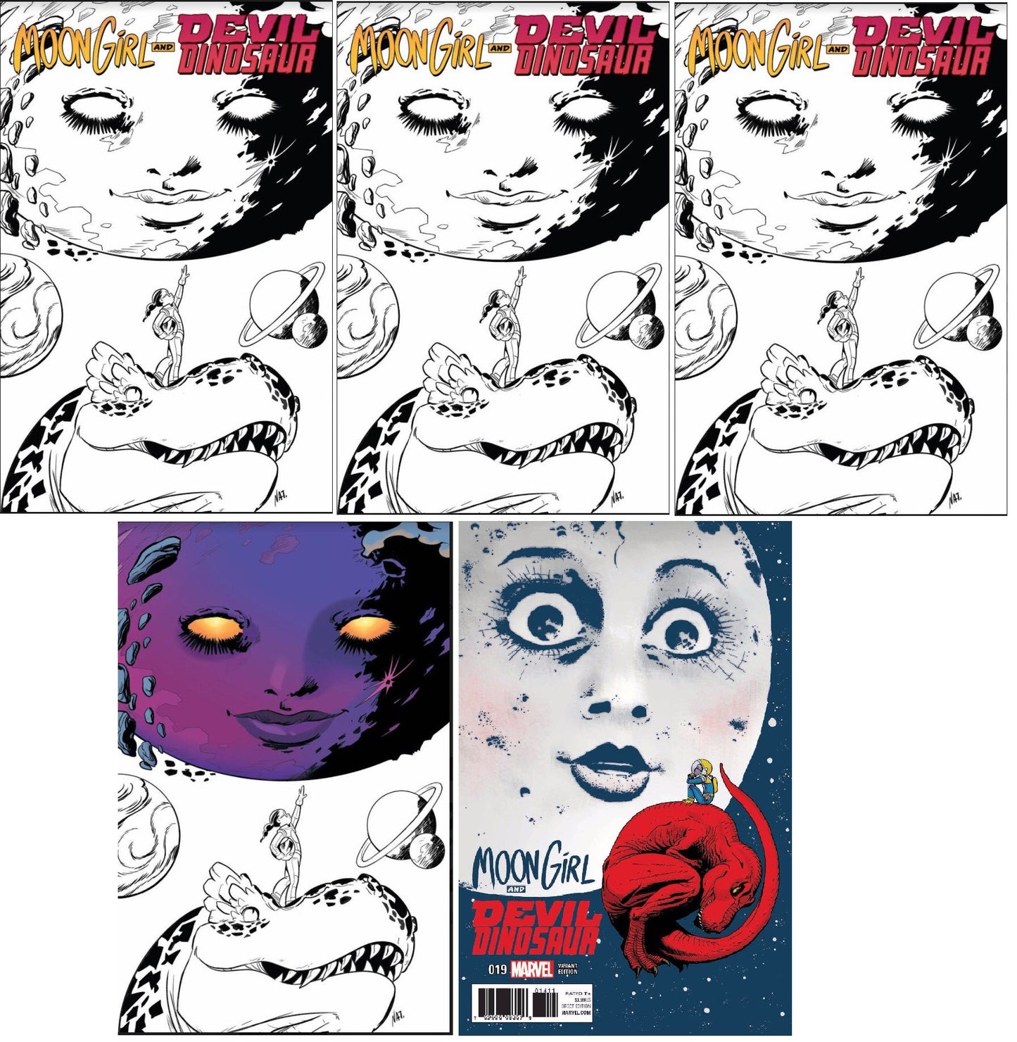 MOON GIRL AND DEVIL DINOSAUR #19 1:25 VARIANT 3x BW VARIANT & 1x COLOUR SPLASH VIRGIN VARIANT