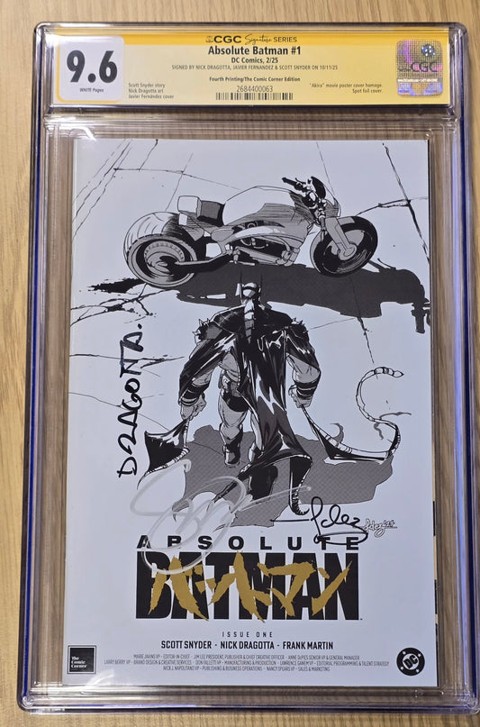 ABSOLUTE BATMAN #1 JAVI FERNANDEZ AKIRA HOMAGE GOLD FOIL SKETCH VARIANT LIMITED TO 2500 COPIES CGC TRIPLE SS 9.6 SIGNED BY FERNANDEZ, DRAGOTTA & SNYDER