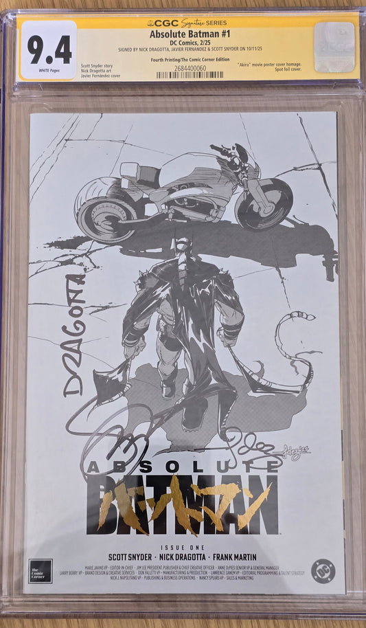 ABSOLUTE BATMAN #1 JAVI FERNANDEZ AKIRA HOMAGE GOLD FOIL SKETCH VARIANT LIMITED TO 2500 COPIES CGC TRIPLE SS 9.4 SIGNED BY FERNANDEZ, DRAGOTTA & SNYDER