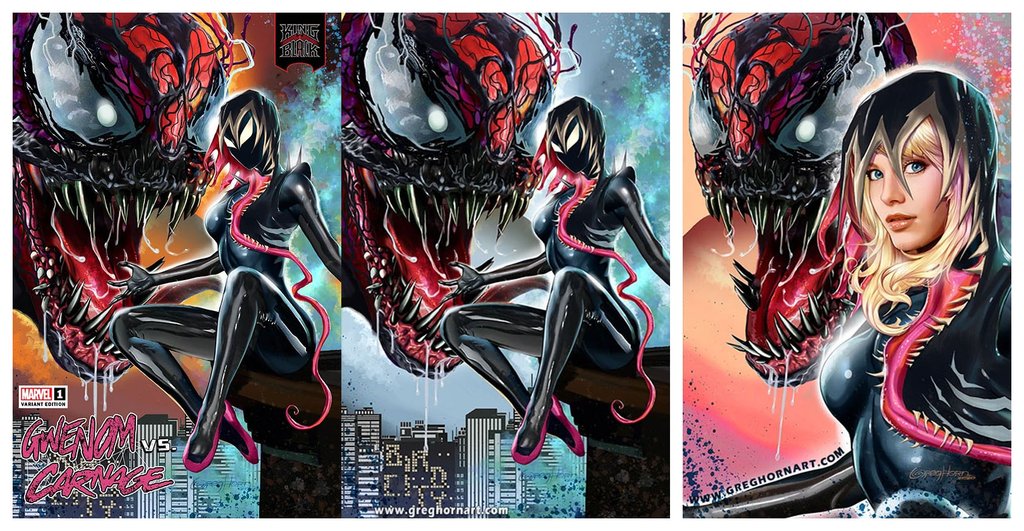 KING IN BLACK GWENOM VS CARNAGE #1 GREG HORN TRADE & 2x VIRGIN VARIANT SET