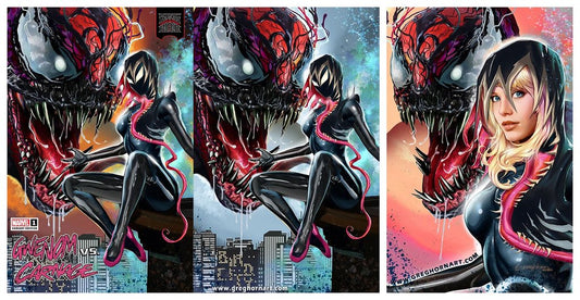 KING IN BLACK GWENOM VS CARNAGE #1 GREG HORN TRADE & 2x VIRGIN VARIANT SET