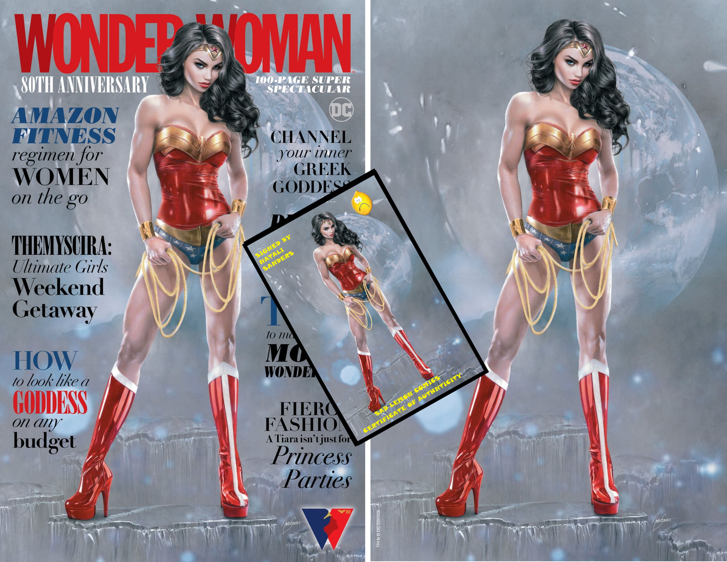 WONDER WOMAN 80TH ANNIVERSARY NATALI SANDERS MAGAZINE HOMAGE/VIRGIN VARIANT SET LIMITED TO 1500 SETS - SIGNED BY NATALI SANDERS WITH COA